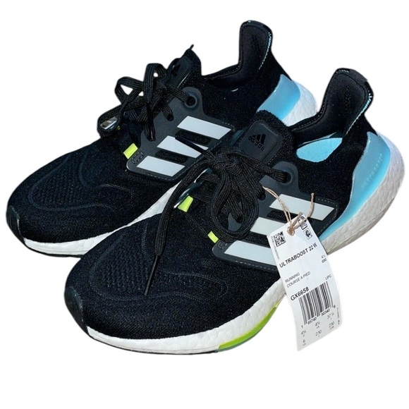 Adidas Ultra Boost 22 Core Black Blue Yellow women’s running shoe - Picture 1 of 10